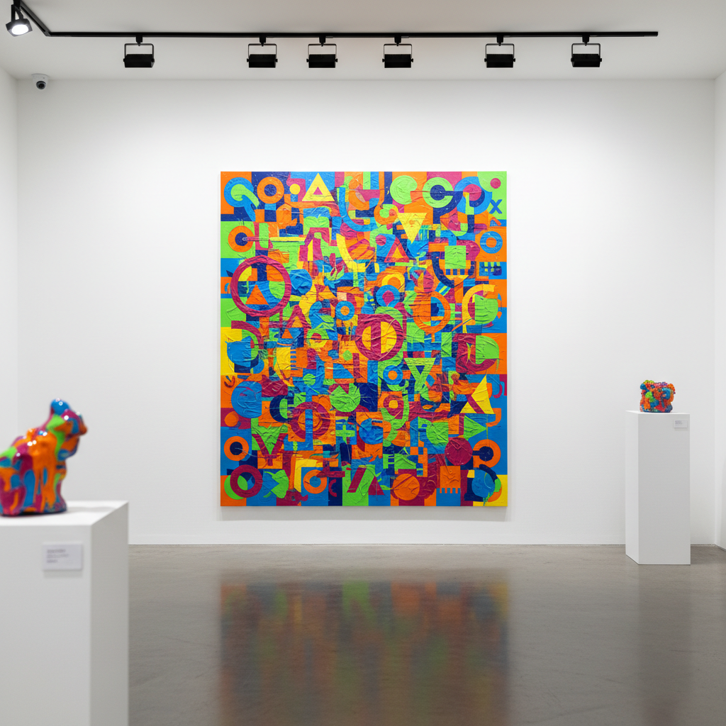A single bold abstract painting by Maikel Sotomayor leaning against a clean white gallery wall, rendered in detailed photographic style. The canvas is large and vertical, filled with playful geometric shapes, splashes of electric color, and glossy, layered textures that almost appear wet. The floor is polished concrete, slightly reflecting the artwork’s vivid hues. Minimalist white plinths nearby support small, color-splashed sculptural pieces, softly out of focus. Overhead track lights bathe the main canvas in bright, even illumination, creating crisp shadows around its edges and emphasizing brushstrokes. The mood is modern, confident, and slightly mischievous. Framed in a centered composition with a shallow depth of field, this image feels like a hero shot for an art portfolio homepage.