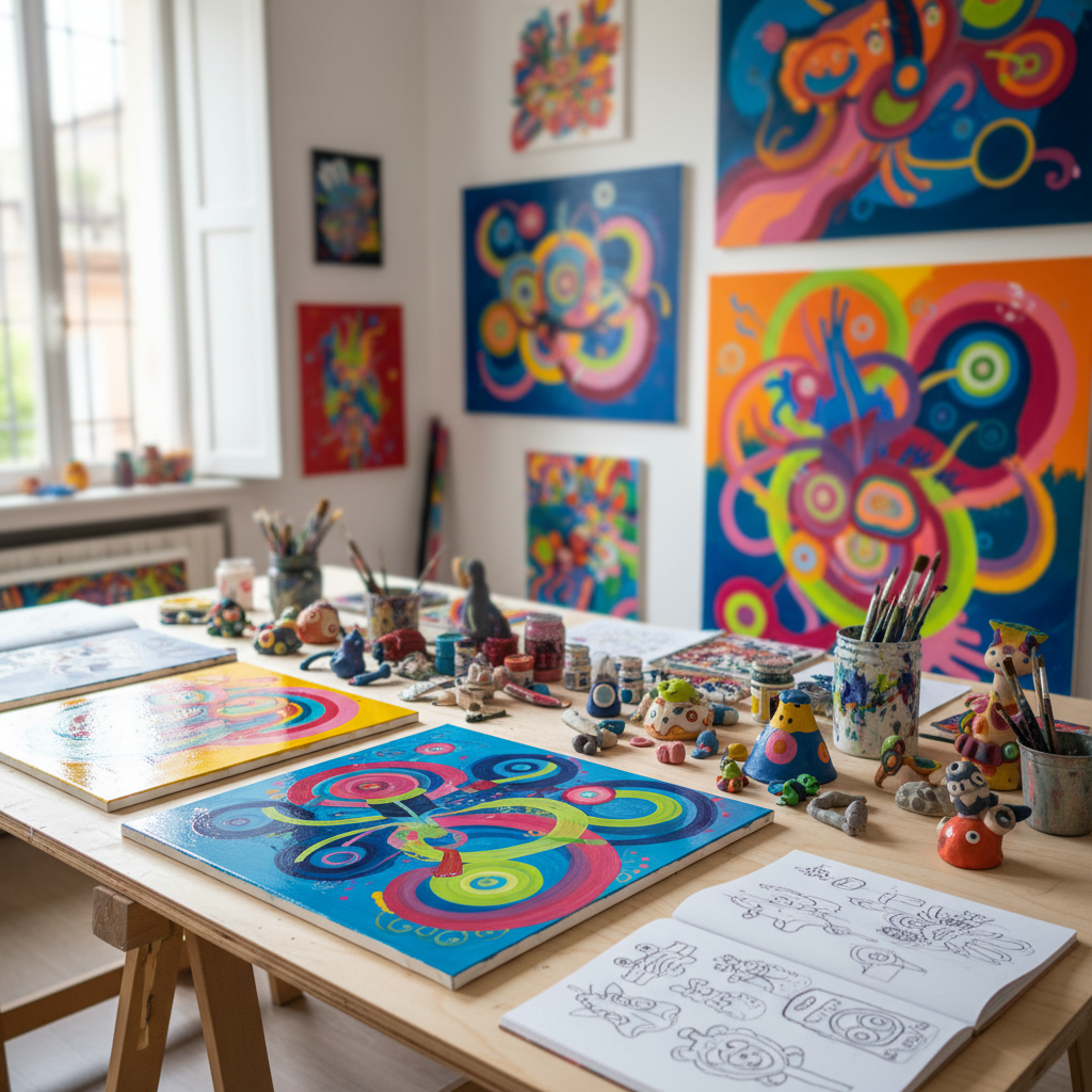 A bright, meticulously arranged artist’s workspace dedicated to Maikel Sotomayor’s playful art, captured in photographic realism. On a wide, pale wooden table, several vividly colored abstract canvases lie flat, their glossy paint textures catching the light. Around them, open sketchbooks, tubes of acrylic, and quirky handmade clay objects create an energetic chaos. The studio walls display large finished works bursting with saturated blues, magentas, and neon yellows. Soft, diffused daylight enters from a high side window, creating gentle shadows and subtle reflections on the paint. Shot at eye level with a slight wide-angle lens, the composition uses the rule of thirds to keep the table central while the vibrant walls blur slightly, giving a dynamic, inviting portfolio-homepage feel.