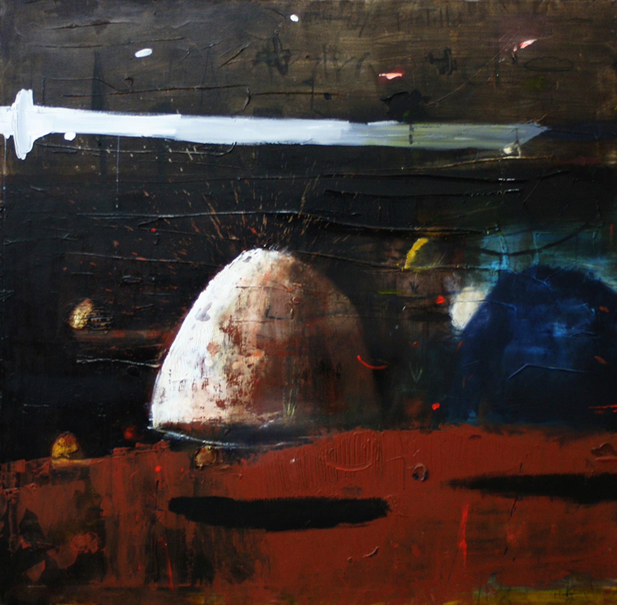Sable contra piedra y platillo. Acrílico sobre lienzo, 130x130 cm, 2016